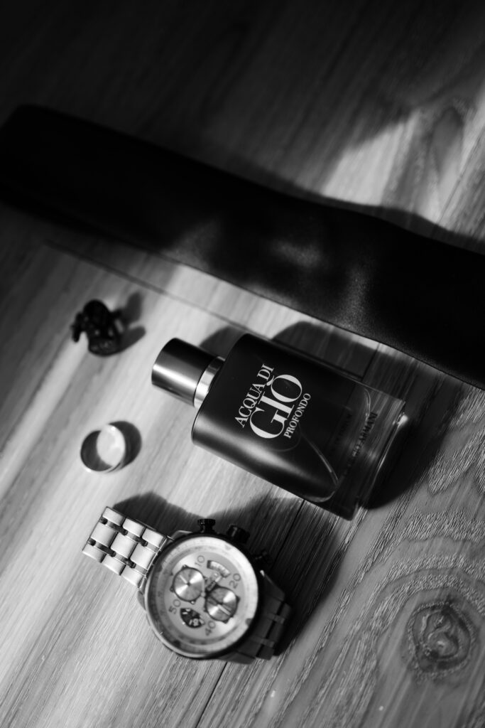Groom's wedding day details in the getting ready suite at Tapestry Hall