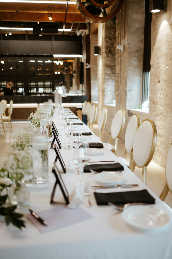Wedding day details of reception at Tapestry Hall in the Tap Room