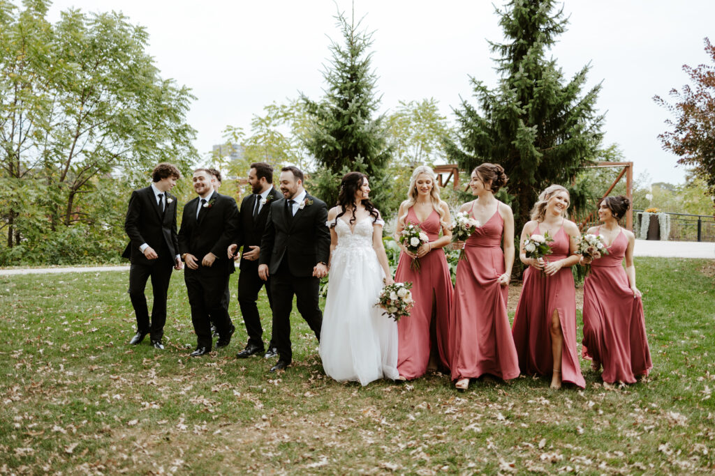 Mill Race park wedding photos of bridal party 