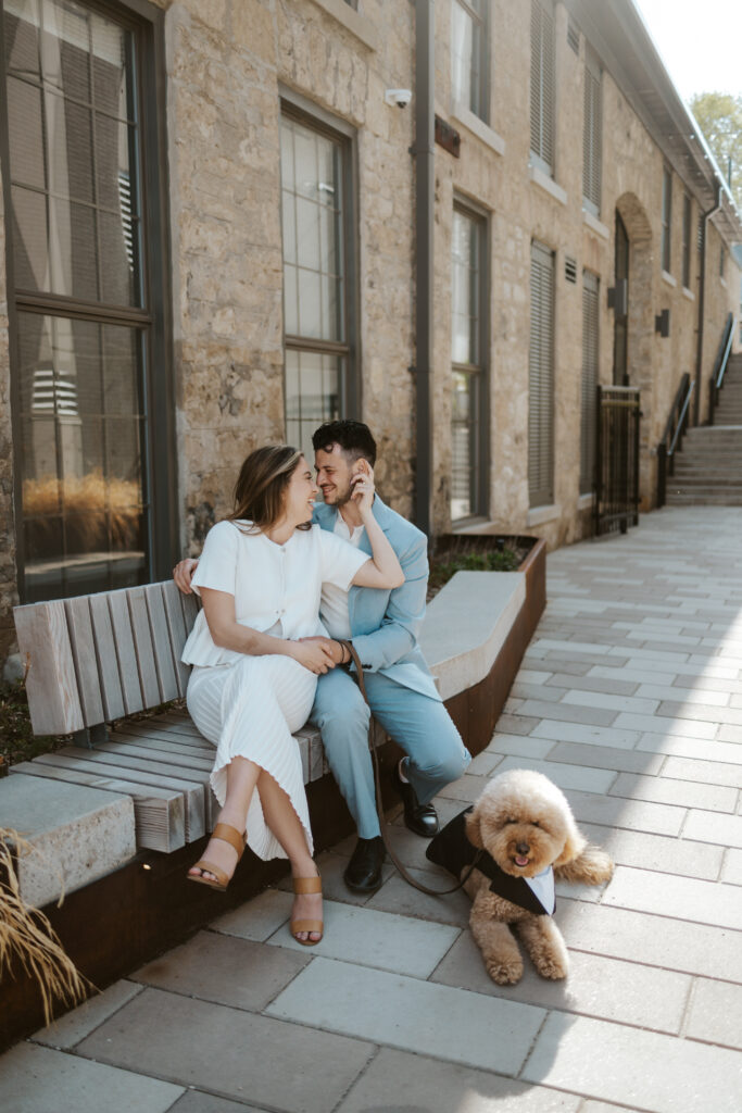 engagement photo of couple and dog downtown cambridge taken by hematite images photography