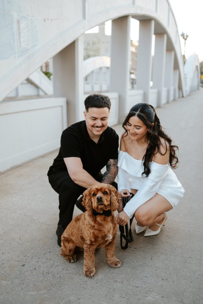 engagement photoshoot in cambridge ontario with dog downtown galt