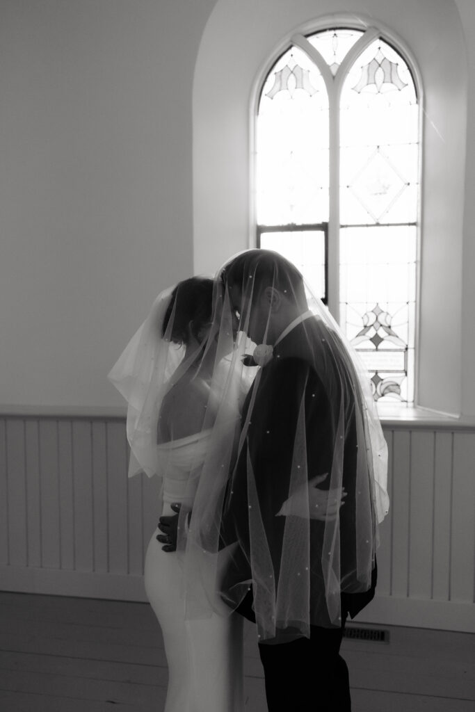 veil over bride and groom wedding photo